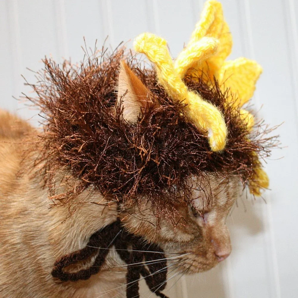 HAND CRAFTED Floral Sunflower Cat Hat Crochet Hairy Wig Costume Photo Prop